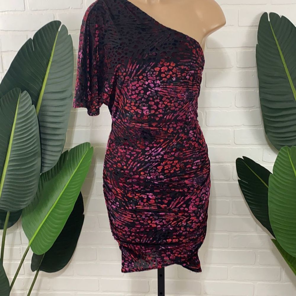 Velvet devore dark red and purple one shoulder overlap dress